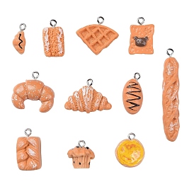 Resin Pendants, Imitation Food, with Platinum Plated Iron Screw Eye Pin Peg Bails, Baguette & Cake & Waffle & Bread & Egg Tart & Toast & Triangle Bread & Breads with Chocolate & Breads with Cream