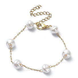 ABS Plastic Imitation Pearl Beaded Chain Bracelet, 304 Stainless Steel Jewelry for Women