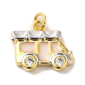 Brass Cubic Zirconia Pendants, with Enamel and Jump Ring, Bus