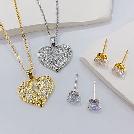 Fashionable Heart-shaped Pendant Earrings Set with Full Diamond Love Necklace and Zircon Ear Studs