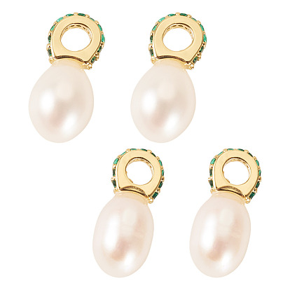 4 шт. Подвески из натурального культивированного пресноводного жемчуга., шармы из риса с латунными микро-паве зелеными кубическими цирконами подвески-петли, цветочный белый