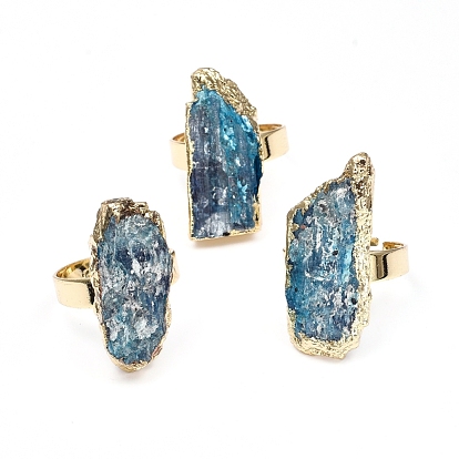 Edge Plated Natural Kyanite Adjustable Finger Rings, with Brass Findings, Nuggets