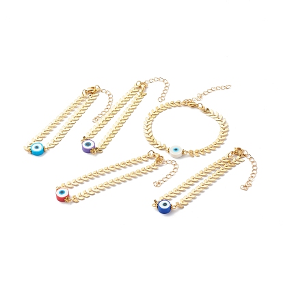 Polymer Clay Flat Round Evil Eye Link Bracelets, with Brass Link Chain, Golden