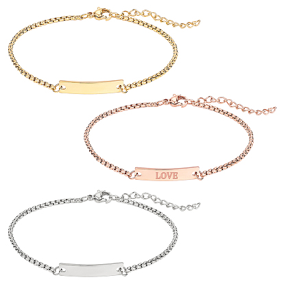 3Pcs 3 Colors 304 Stainless Steel Blank ID Link Bracelets Set with Box Chains for Men Women