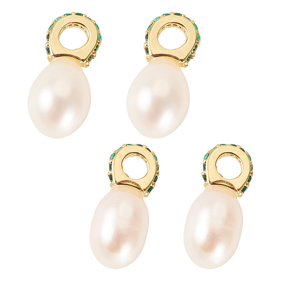 4 шт. Подвески из натурального культивированного пресноводного жемчуга., шармы из риса с латунными микро-паве зелеными кубическими цирконами подвески-петли, цветочный белый