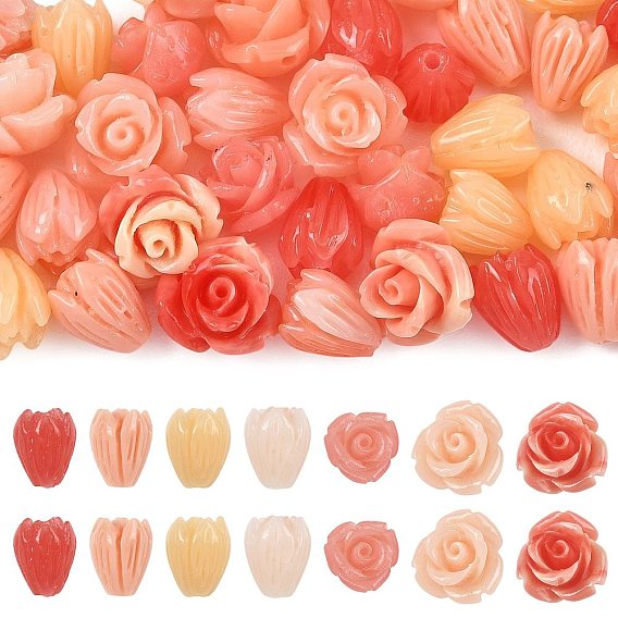 50 pièces 7 styles perles de corail synthétique, teint, bourgeon floral
