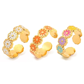 Daisy 304 Stainless Steel Enamel Open Cuff Ring for Women, Real 18K Gold Plated