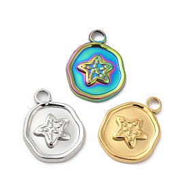 Ion Plating(IP) 304 Stainless Steel Pendants, Flat Round with Starfish Charm