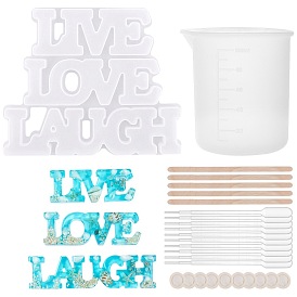 Gorgecraft DIY Word Epoxy Resin Craft Kits, Including Live, Love & Laugh Silicone Molds, Silicone Measuring Cup, Plastic Transfer Pipettes, Birch Wooden Craft Ice Cream Sticks and Latex Finger Cots