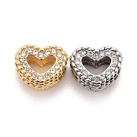 304 Stainless Steel European Beads, with Rhinestone, Large Hole Beads, Heart