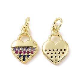 Brass Micro Pave Colorful Cubic Zirconia Charms, with Jump Ring, Heart Lock