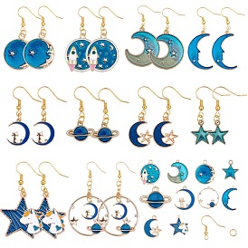 SUNNYCLUE DIY Earring Makings, with Alloy Enamel Pendants, Brass Earring Hooks and Iron Jump Ring, Moon/Star, Golden
