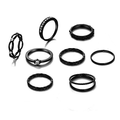 8-Piece Creative Black Twisted Joint Ring Set with Sparkling Gemstones