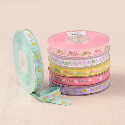 Flower Pattern Printed Grosgrain Ribbon, for Gift Packing, 3/8 inch(10mm), about 100yards/roll(91.44m/roll)