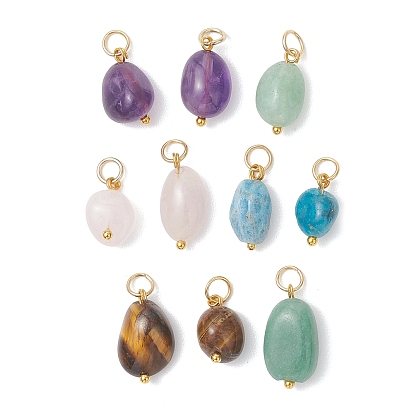 Подвески из натурального зеленого авантюрина, аметиста, апатита, розового кварца и тигрового глаза, обработанные методом галтовки., Подвески в виде самородков с фурнитурой из нержавеющей стали