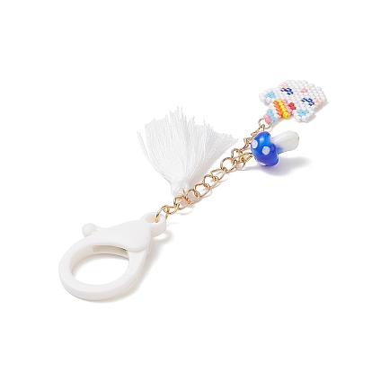 Unicorn Handmade Loom Pattern Seed Beads Pendant Decorations, with Lampwork Mushroom and Tassel Charms, Lobster Claw Clasp