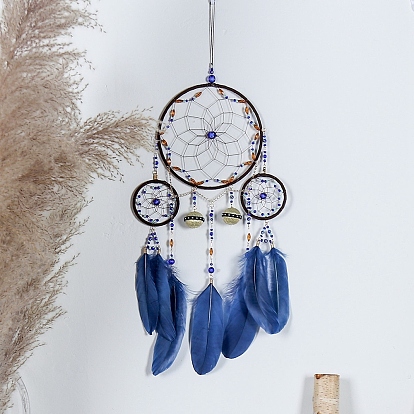 Red/red tejida con adornos de plumas para colgar en la pared, con anillo de hierro y cuenta de mal de ojo, para decoración del dormitorio del hogar