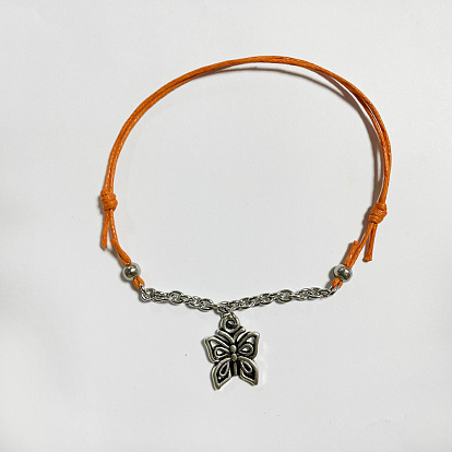 Pulseras de aleación ajustable con dijes de mariposa, con cordón de algodón encerado chino y 304 cadenas de extremo de cable de acero inoxidable