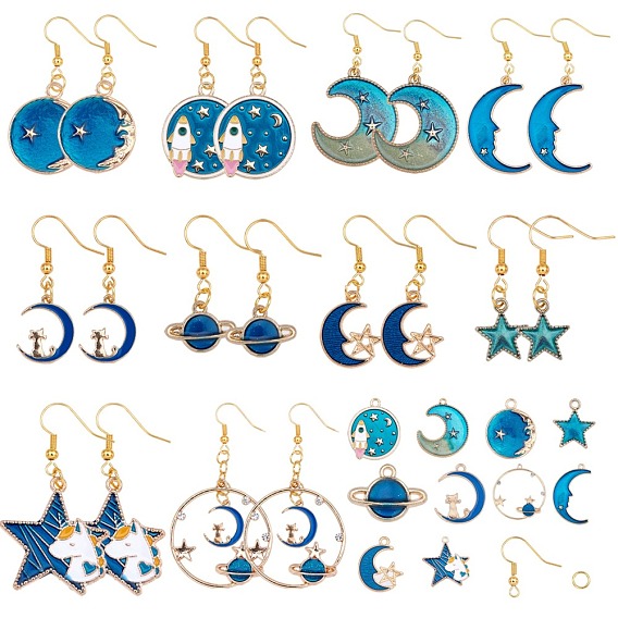 Sunnyclue DIY Ohrring Makings, Legierung mit Emaille-Anhänger, Ohrringhaken aus Messing und eiserner Biegering, Mondstern, golden