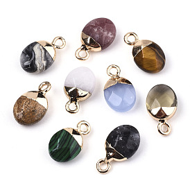 Glass/Natural & Synthetic Gemstone Charms, Top Light Gold Plated, with Iron Loop, Oval, Faceted, Mixed Dyed and Undyed