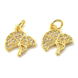 Rack Plating Brass Micro Pave Cubic Zirconia Charms, with Jump Ring, Ginkgo Biloba Leaves