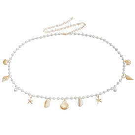 Cadenas para la cintura con borlas de concha natural, imitación de perla de plástico y estrella de mar de hierro para mujer, blanco