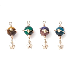 4Pcs 4 Colors Natural Tiger Eye Round Pendants, Planet Charms with Brass Star, Light Gold, Mixed Dyed and Undyed