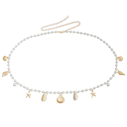 Cadenas para la cintura con borlas de concha natural, imitación de perla de plástico y estrella de mar de hierro para mujer, blanco