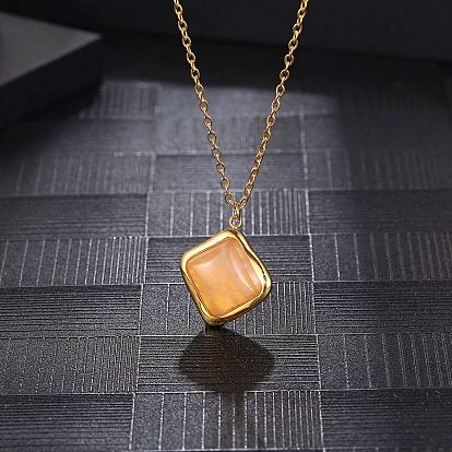 Natural Rose Quartz Rhombus Pendant Necklace with Brass Chains