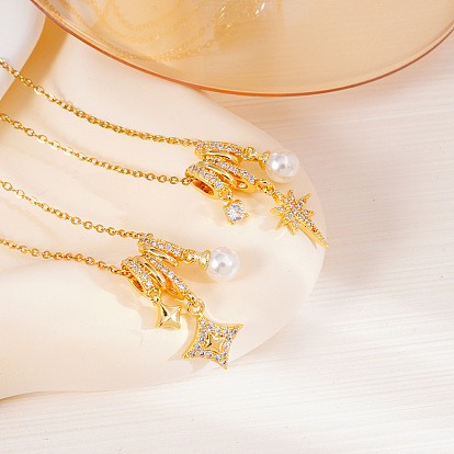 Ожерелья с подвесками из латунных прозрачных кубических цирконий с микропаве и искусственным жемчугом для женщин, белые