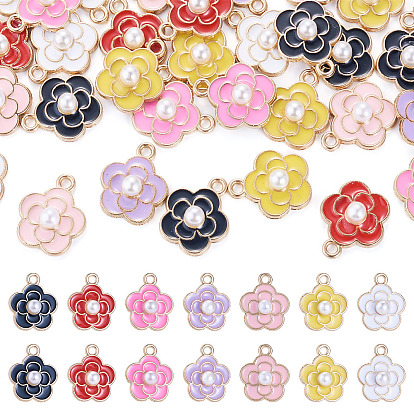 35Pcs 7 Colors Alloy Enamel Pendants, with Plastic Imitation Pearl Beads, Flower Charms