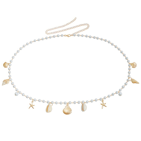 Chaînes de taille pour femmes, ornées de coquillages naturels, d'imitations de perles en plastique et de pompons en forme d'étoile de mer en fer., blanc
