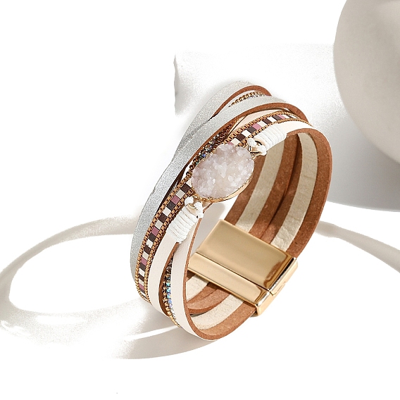 Плетеные многорядные браслеты из искусственной кожи для женщин, браслеты из натурального кварцевого кристалла с магнитными застежками