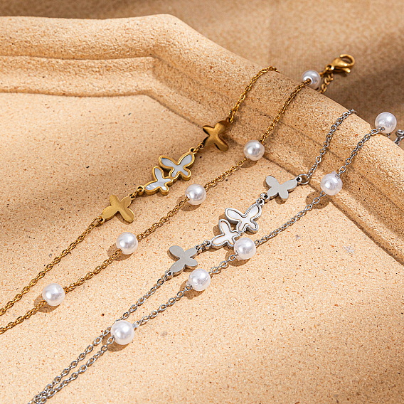Двухслойные браслеты из ракушечных жемчужин с бабочками, 201 из нержавеющей стали браслеты многожильных
