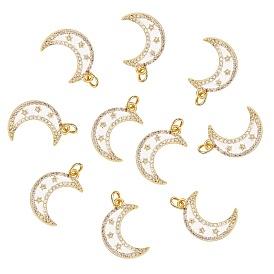 10Pcs Brass Micro Pave Clear Cubic Zirconia Pendants, with Enamel and Brass Jump Rings, Golden, Moon