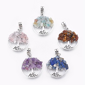 Alloy European Dangle Charms, with Natural Mixed Gemstone Chips, Flat Round with Tree, Antique Silver