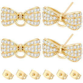 5 paires de boucles d'oreilles en laiton plaqué or avec micro pavé de zircones cubiques, avec boucle, sans cadmium et sans plomb, plaqué longue durée, bowknot, avec 10 pièces de placage de support écrous à friction en laiton