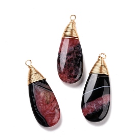 Natural Brazilian Agate Pendants, with Real 18K Gold Plated Tone Brass Wire Wrapped, Dyed & Heated, Teardrop