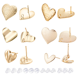 BENECREAT 12Pcs 6 Style Brass Stud Earring Findings, with Loop, with Plastic & Silicone Ear Nuts, Heart