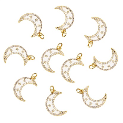 10Pcs Brass Micro Pave Clear Cubic Zirconia Pendants, with Enamel and Brass Jump Rings, Golden, Moon