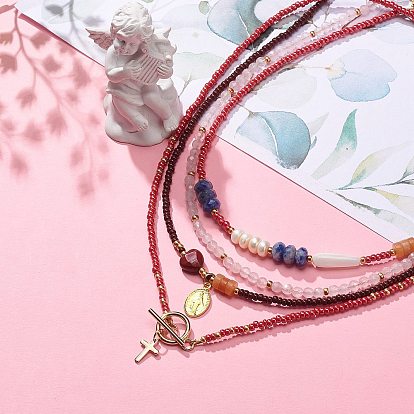 4Pcs 4 Style Cross and Virgin Mary Brass & Alloy Charms Necklaces Set, Natural Mixed Stone & Pearl & Glass Beaded Stackable Necklaces for Women