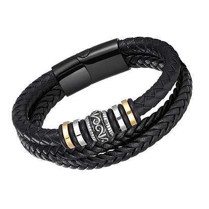 Leather & PU Imitation Leather Triple Layer Multi Strand Bracelet, with Stainless Steel Magnetic Clasps