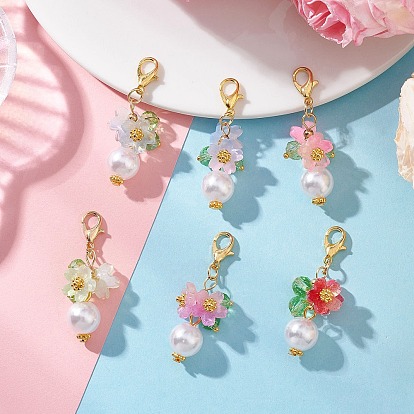 6Piezas de decoraciones colgantes de flores de imitación de perla de vidrio y plástico ABS, con broches de langosta de la aleación de la garra