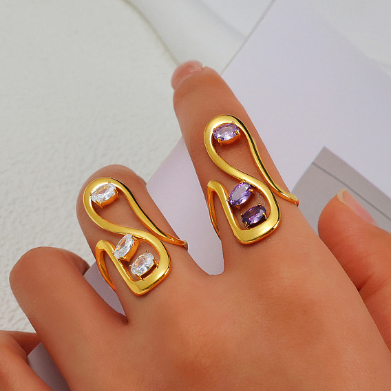 304 женские кольца из нержавеющей стали и кубического циркония, волна, золотые