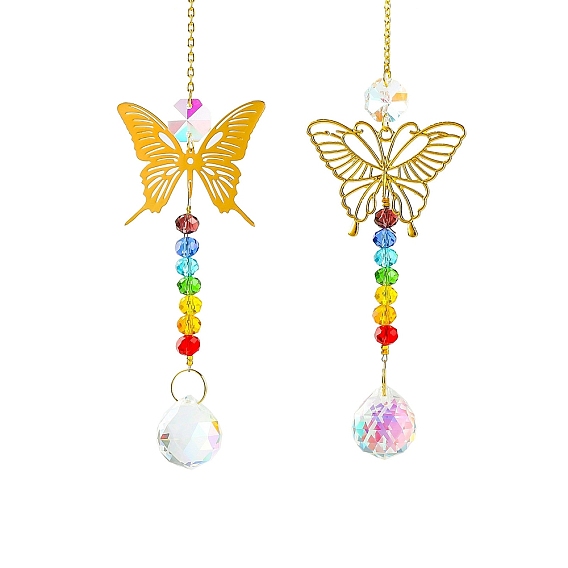 Подвесные украшения с полой бабочкой из сплава, Железная цепочка и разноцветные стеклянные круглые бусины с кисточкой для украшения дома и сада