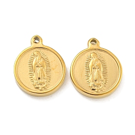 Vacuum Plating 304 Stainless Steel Pendants, Flat Round with Holy Virgin Charms