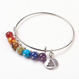 Chakra Jewelry, Adjustable Iron Bangles, with Natural/Synthetic Gemstone Bead and Brass Findings, Flat Round with Joss