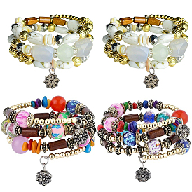 4 pièces 2 couleurs bracelet enroulé bohème multi-rangs de perles turquoise synthétiques irrégulières, bracelet à breloques fleurs, bracelet perles bois & fleurs rondes, bijoux ethniques pour femmes, Or antique