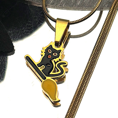 201 Stainless Steel Enamel Halloween Black Cat Shape Pendant Necklaces