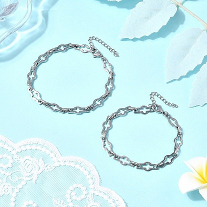 2Pcs 2 Styles 304 Stainless Steel Hollow Cross-Linked Chain Bracelets for Couple